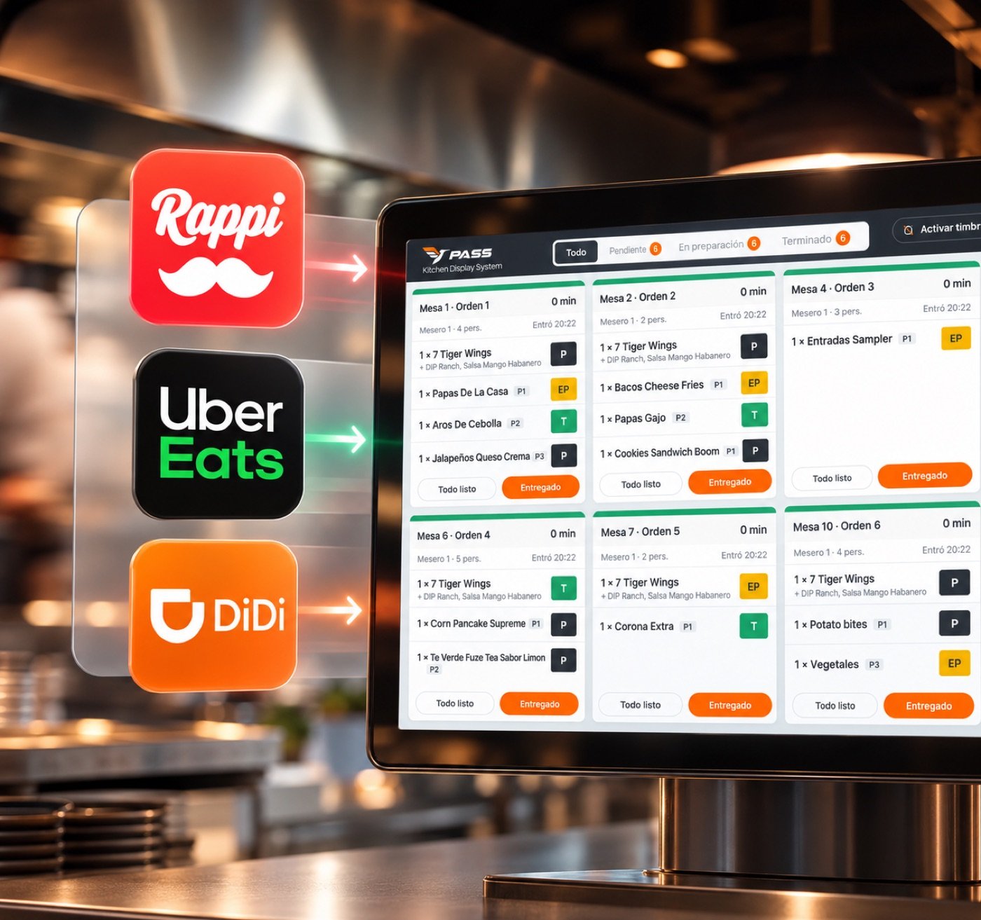 Pantalla de cocina con pedidos de Rappi, Uber Eats y DiDi