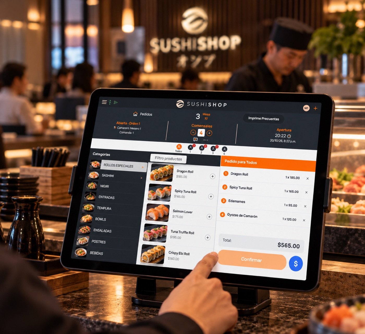 Cliente ordenando en la tablet del restaurante
